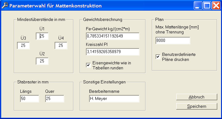Mattenparameter